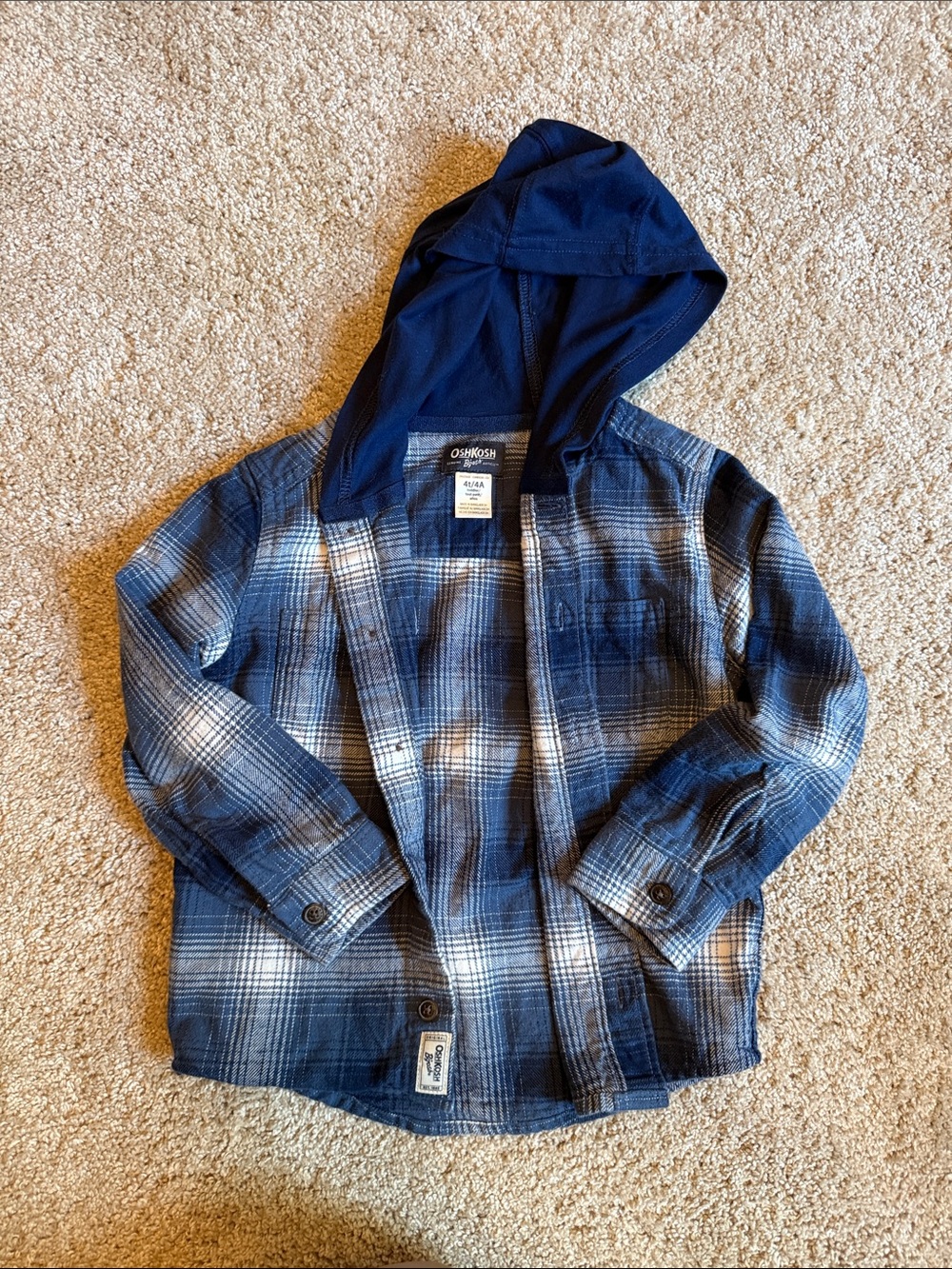 OshKosh B'gosh Navy and Light Blue Plaid Hooded Shirt Jacket